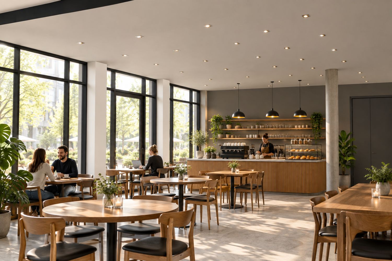 KI-Beispiel: Ein Café im Licht der Fensterfront