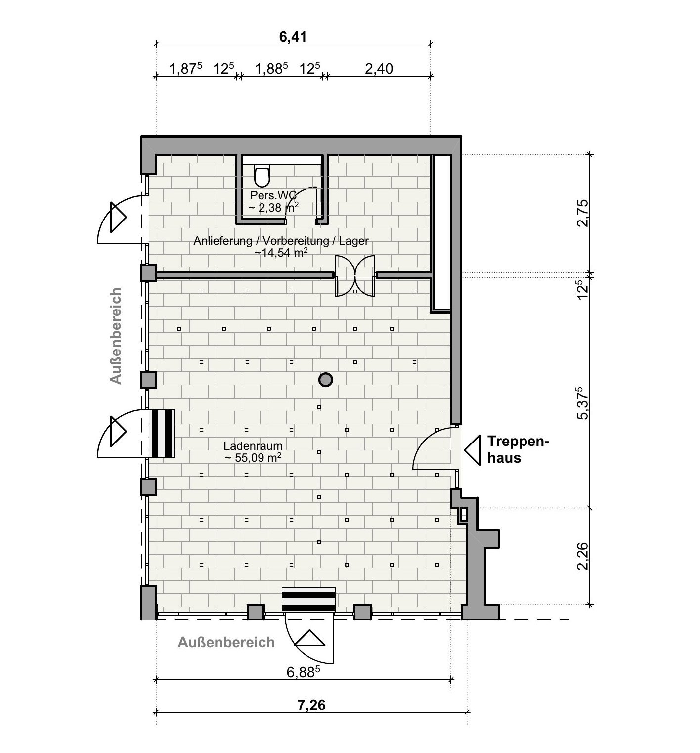 Grundriss Erdgeschoss mit Ladenraum, Lager und Personaltoilette