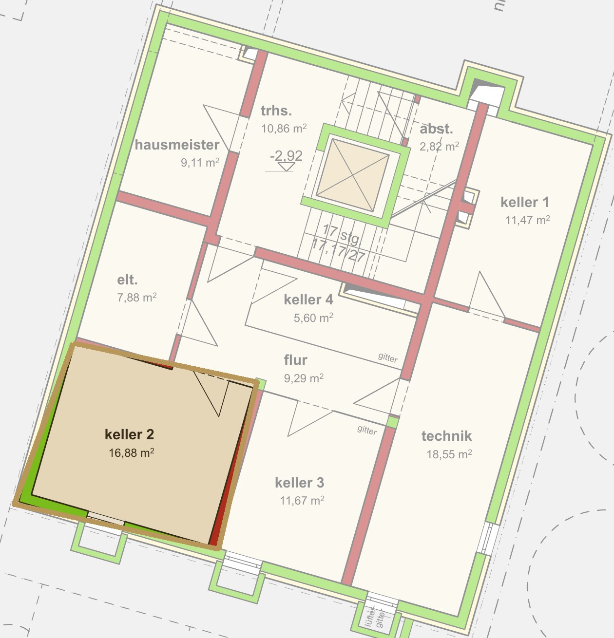 Grundriss des Kellergeschosses: Kellerraum 2 mit 16,88 m² ist hervorgehoben
